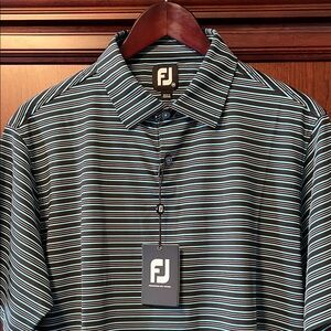 Brand New FootJoy Classic Black & Light Blue Striped Wicking Stretch Golf Polo!